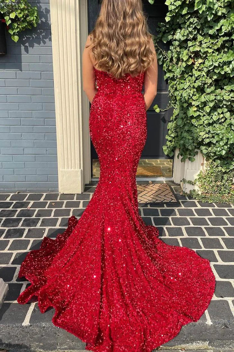 Vestido de fiesta largo de trompeta con lentejuelas y escote en forma de corazón
